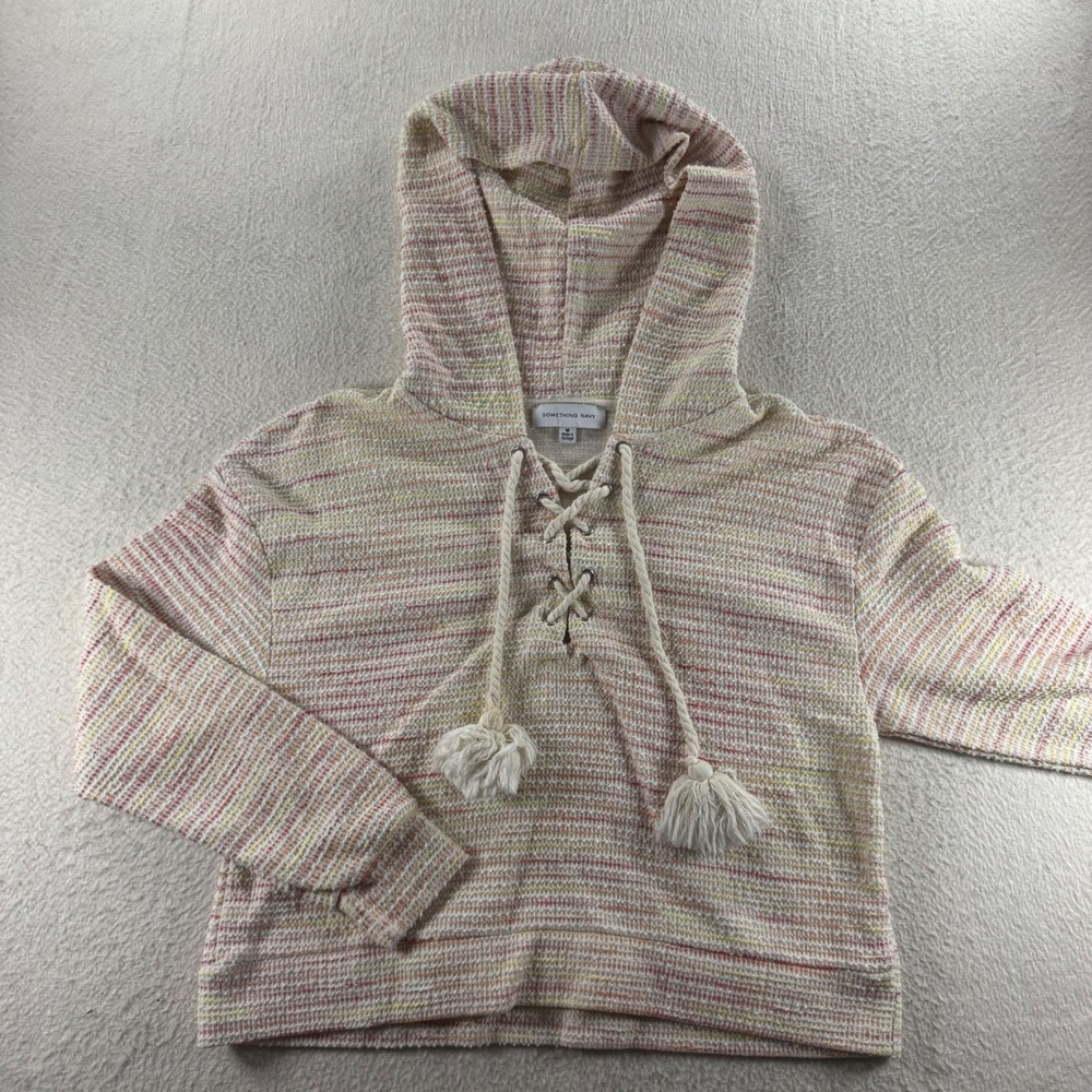 Something Navy Hoodie Womens M Multi Color Excellent Lace Up Knit Pullover